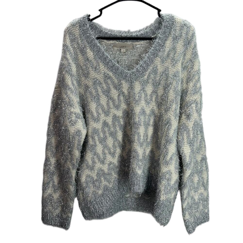 LOFT‎ Metallic Shimmer Fuzzy Sweater L Silver Cream Soft Knit Holiday